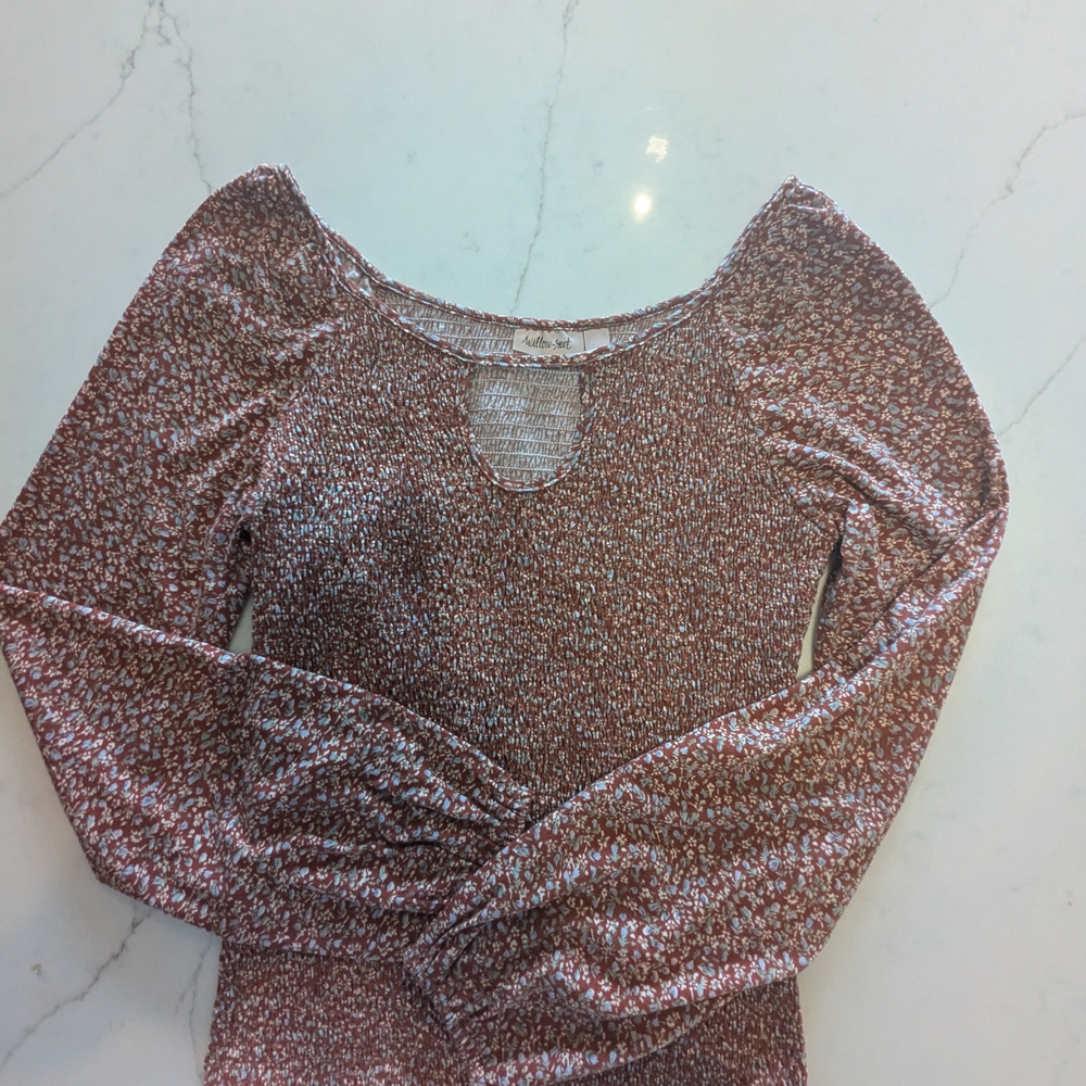 Brown and White Patterned Long Sleeve Top